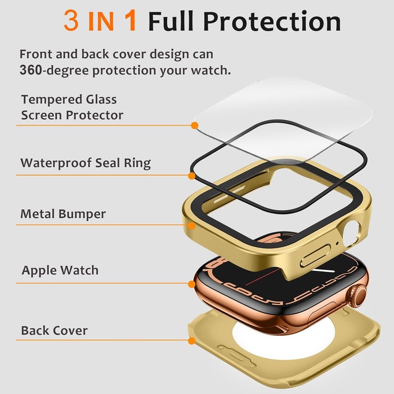Amizee Metal Case Compatible with Apple Watch SE 3/2/1 Series 6/5/4 44mm Case with Built-in Screen Protector, Straight Edge Ultra Thin with Back Cover Protective Cover for iWatch 44mm, Gold - Image 2